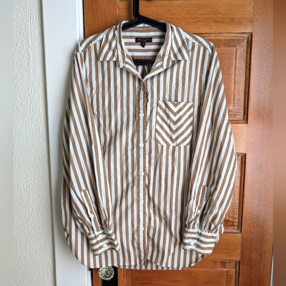 rag & bone Maxine brown and white Stripe Cotton Button-Up office shirt blouse
